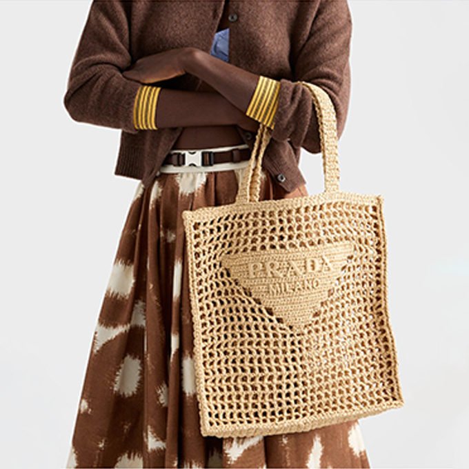 prada crochet raffia woven tote bag